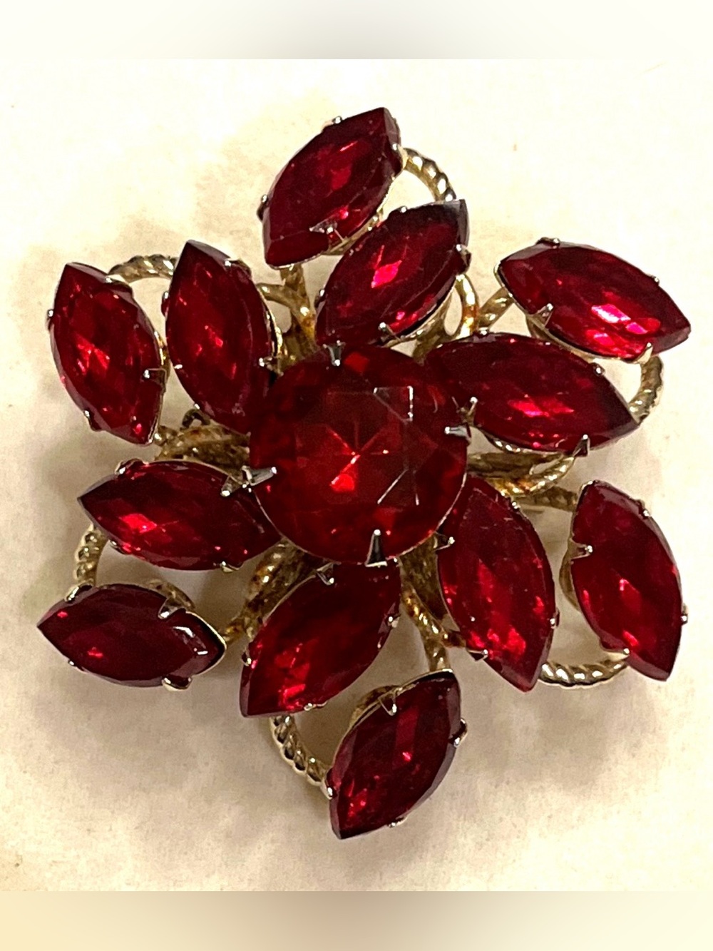 Vintage Beau Jewels-Attributed Ruby Red Rhinestone Brooch Pin – Mid-Century Swed